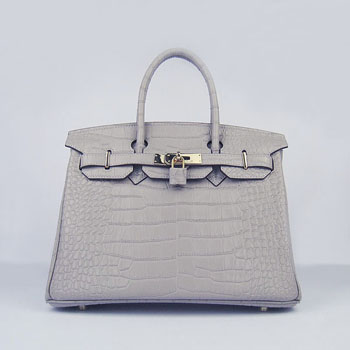Hermes Birkin 30Cm Crocodile Stripe Handbags Grey Gold